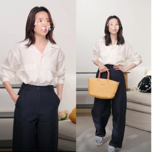 「将简约进行到底」栀子白古巴领长袖衬衫藏蓝休闲长裤套装女春夏
