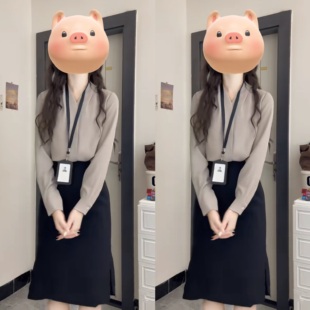 「高智欧尼」芦苇杏小V领长袖衬衫黑色半身裙通勤气质职业女套装