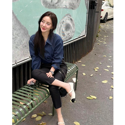 【简约高智】冷峻藏蓝色长袖衬衫女通勤职业上衣时髦知识分子穿搭