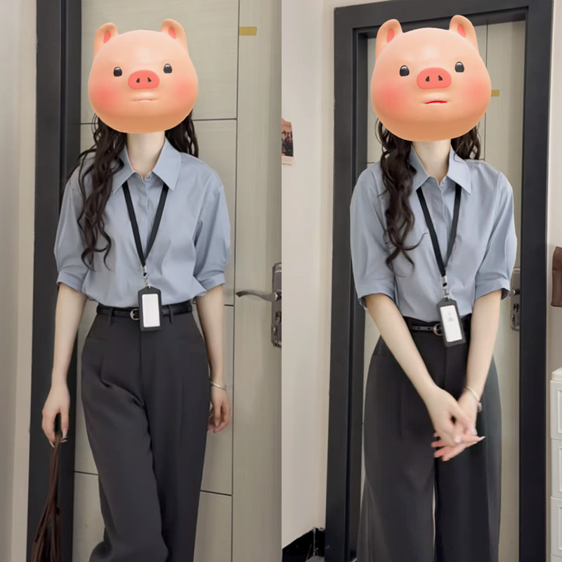 「干净书卷气」松间蓝五分袖衬衫木质灰色垂感西裤日常通勤女套装
