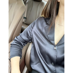 「小众品味松石蓝」西装领长袖丝缎衬衫女通勤气质职业穿搭体制内