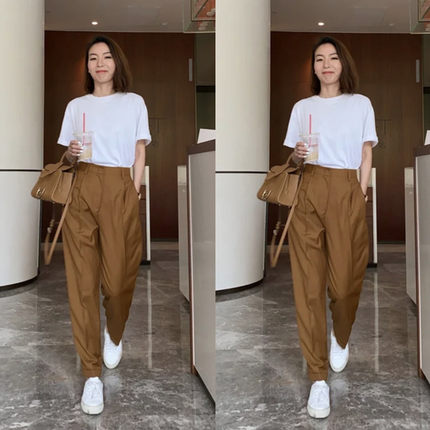 小众设计师款| 焦糖色高腰宽松休闲卷边阔腿烟管西装裤女长裤夏季