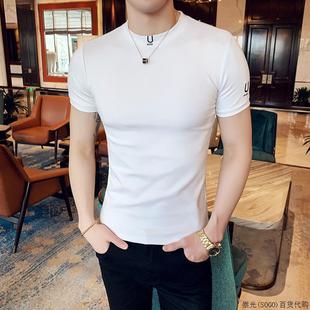 百搭男士 紧身短袖 纯棉修身 男字母休闲青年白色圆领打底衫 T恤 薄款