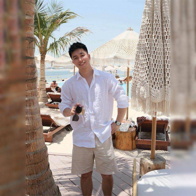 夏季轻熟度假风白色亚麻长袖衬衫男高级感宽松防晒衬衣外套