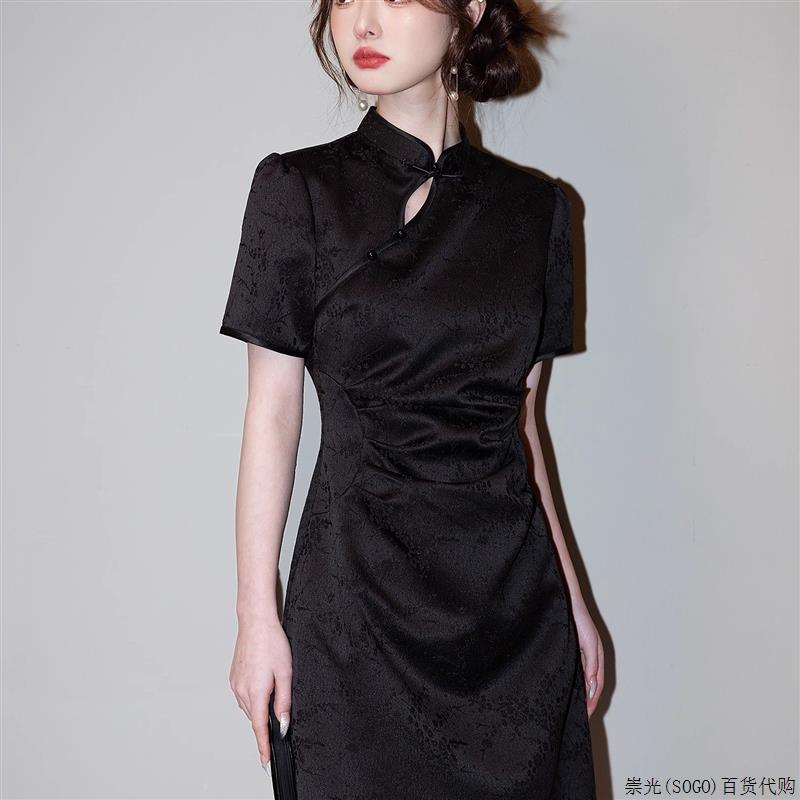 欧洲站2025年夏季新款黑色旗袍洋装女日常可穿新中式小个子少女
