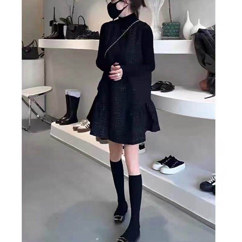 韩国秋冬款黑色打底衫小香风背心马甲连衣裙减龄赫本风两件套装女