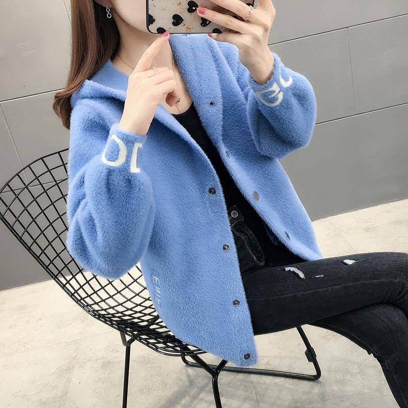 欧洲站仿水貂绒毛衣外套女2024年春秋冬季新款宽松小个子连帽外套