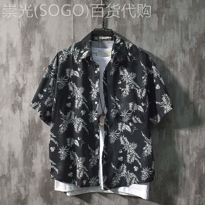 印花衬衫男潮牌夏季薄款港风复古潮流宽松短袖外套男休闲日系衬衣