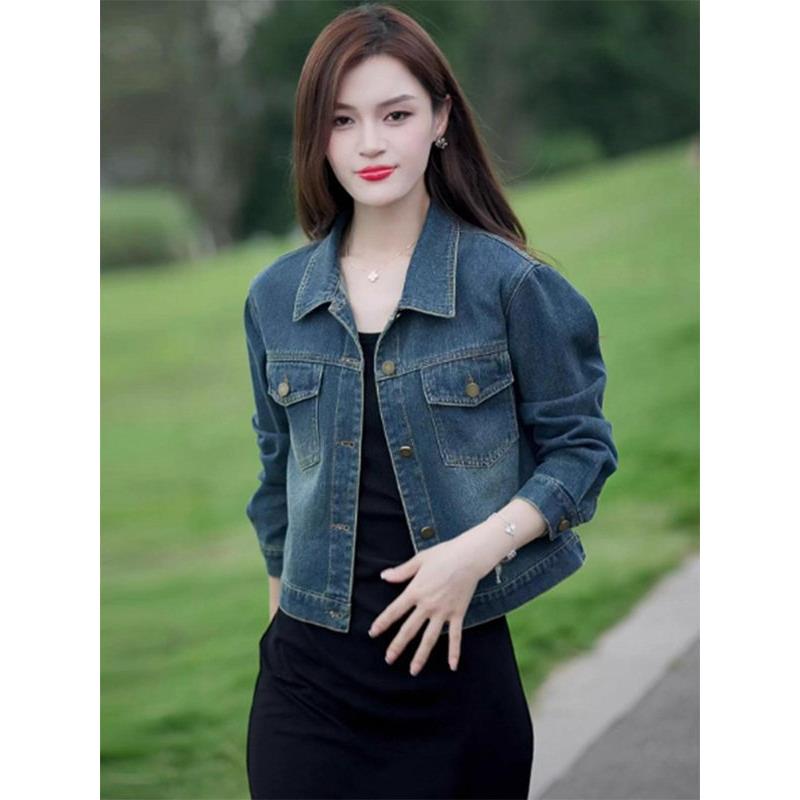 覆古蓝色牛仔外套女士春秋季欧货短款长袖夹克小个子polo翻领上衣