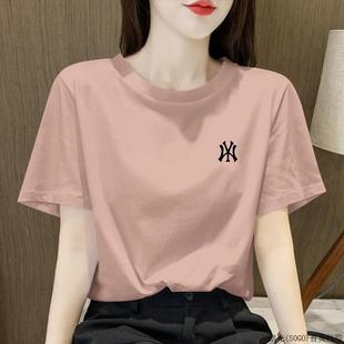 韩国纯棉皮粉色短袖 t恤女宽松2025新款 夏季 正肩圆领百搭体恤薄款