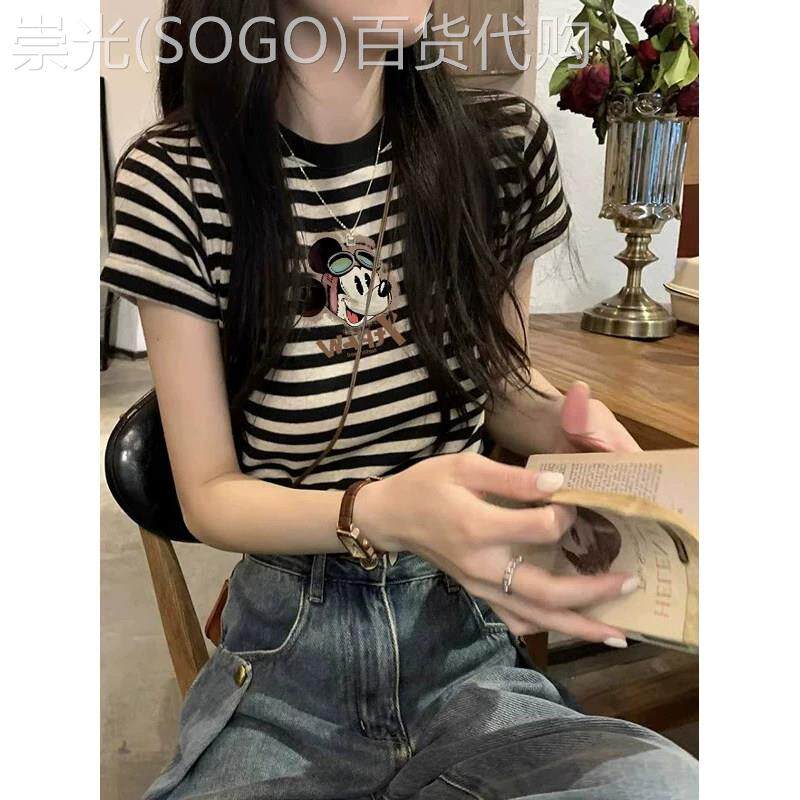 黑色印花休闲风条纹短袖T恤女夏季欧货可爱设计感修身型显瘦上衣