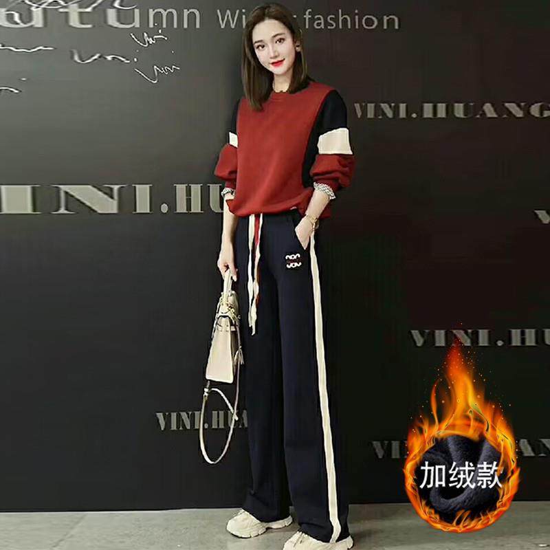 香港代购时尚休闲运动套装女秋冬新款炸街卫衣阔腿裤加绒两件套潮