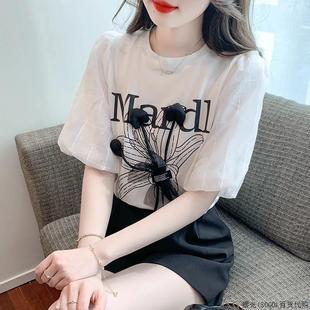 上衣女宽松显瘦 正肩灯笼袖 白色印花T恤女夏季 2025新款 设计感短袖