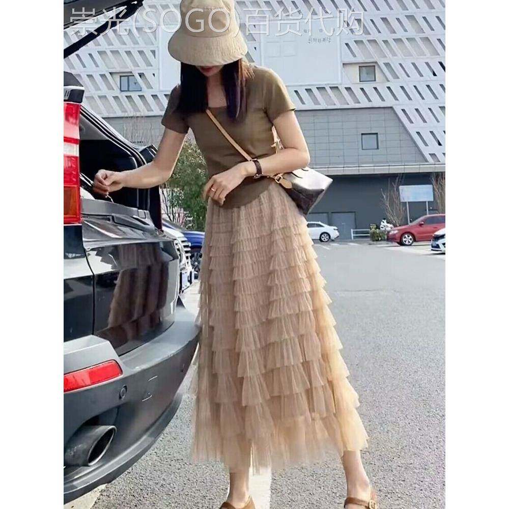 网纱半身裙女夏欧货高腰蓬蓬裙中长款蛋糕裙a字长裙过膝仙女裙子