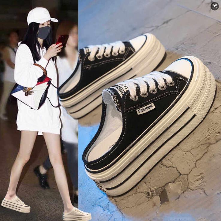 香港真皮厚底帆布包头拖鞋女春夏外穿2026新款一脚蹬增高小白鞋子