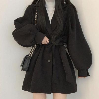 潮牌黑色毛呢外套女2023秋冬新款中长款收腰气质显瘦复古呢子大衣