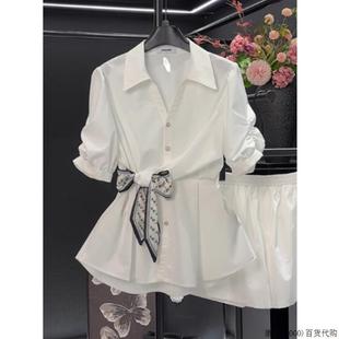 薄款 白色雪紡襯衫 夏季 2025新款 女短袖 高級設計感小眾收腰襯衣上衣