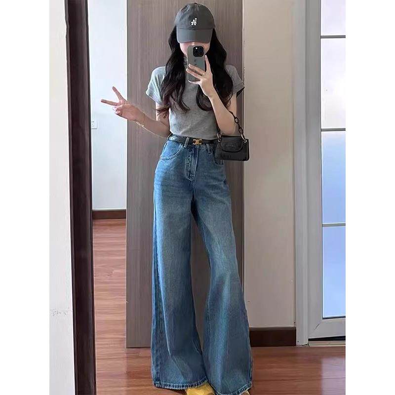 蓝色微喇牛仔裤女2025秋季新款美式覆古高腰宽松直筒不贴腿阔腿裤