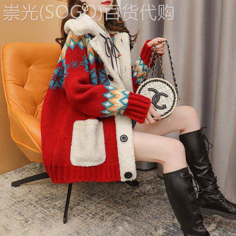 毛衣外套女开衫2025新款秋冬加厚彷羊羔毛宽松慵懒红色针织衫上衣