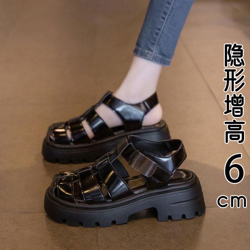 香港真皮厚底镂空罗马凉鞋女2026夏季新款编织透气休闲包头猪笼鞋