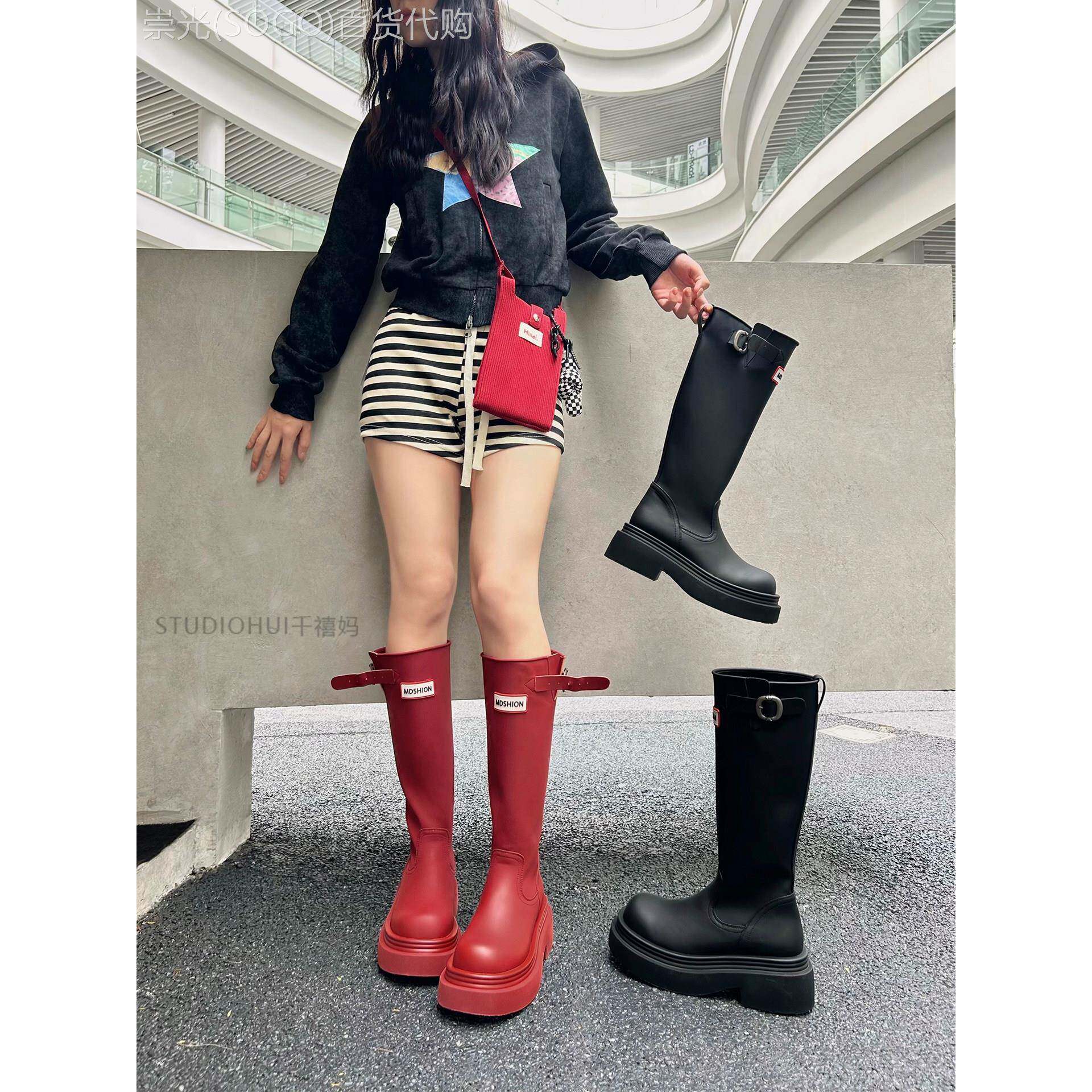 香港真皮厚底长筒靴女2025新款秋季防滑红色雨靴高筒不过膝骑士靴