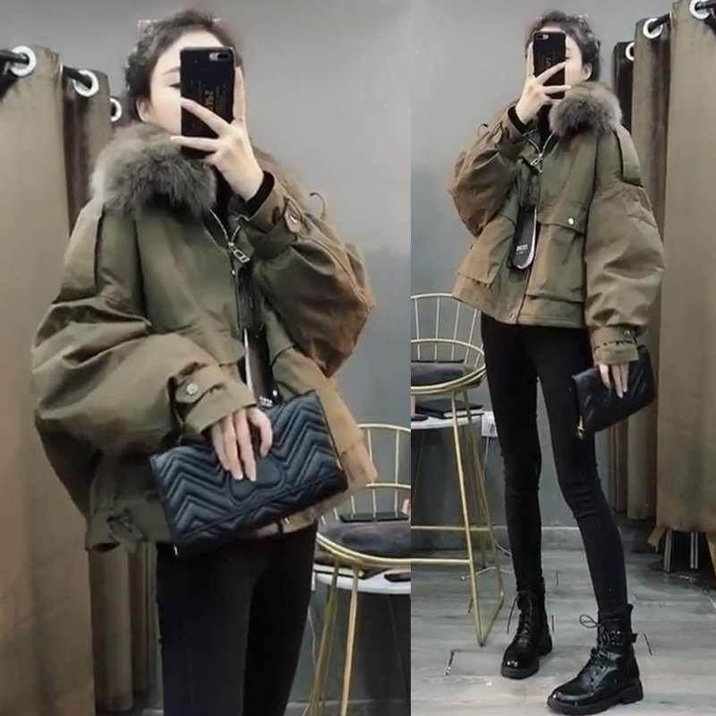 欧洲站高级感军绿色小个子短款派克服女秋冬气质宽松加厚工装棉衣