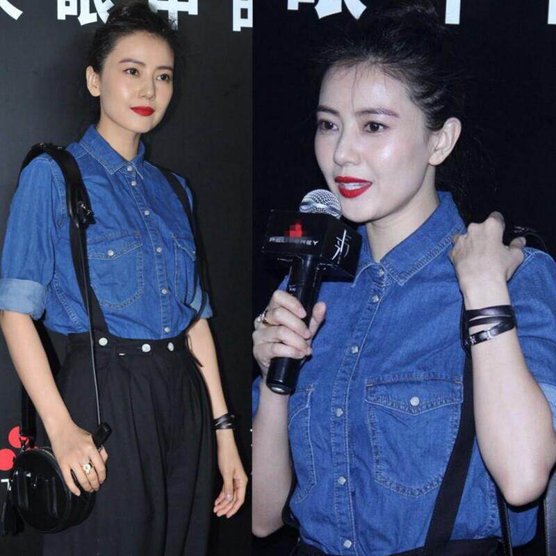 时尚高圆圆明星同款牛仔衬衫春秋长袖蓝色衬衣按扣翻领通勤女装潮