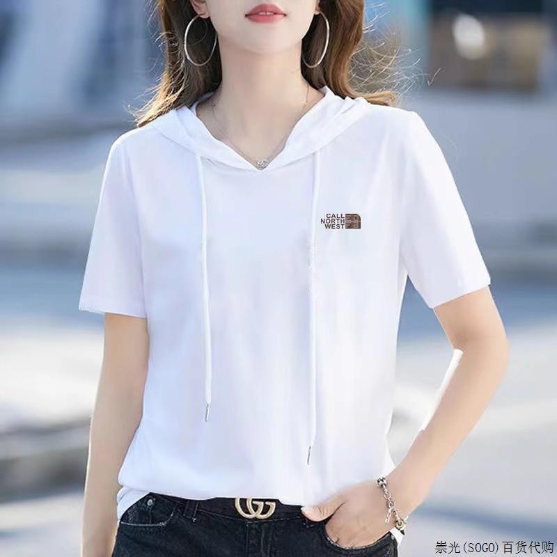 白色简约短袖t恤女纯棉连帽夏季2025新款大码胖mm显瘦宽松上衣服