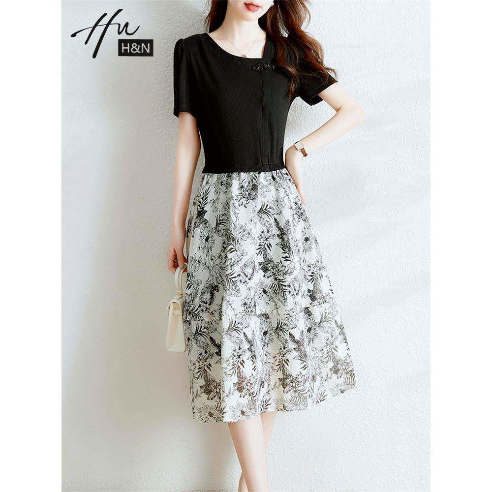 拼接假两件连衣裙2025新款女夏季法式覆古收腰显瘦气质a字印花裙