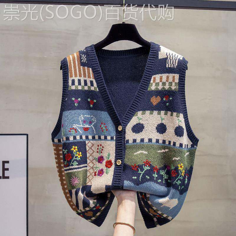 韩版v领涂鸦马甲背心女2025春秋冬宽松外穿针织坎肩马夹毛衣外套