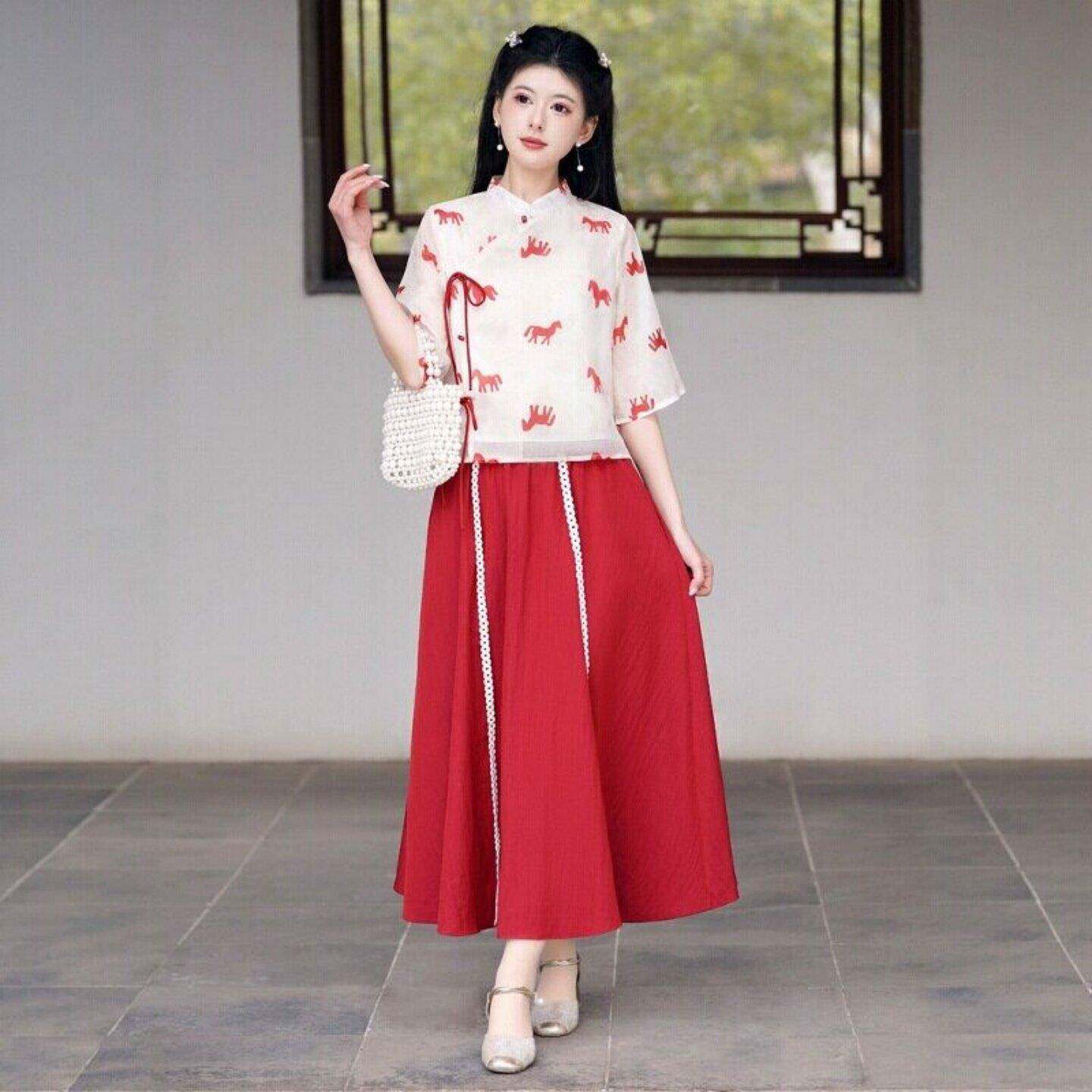 新中式国风套装女夏季2026新款汉服改良旗袍上衣半身裙两件套茶服