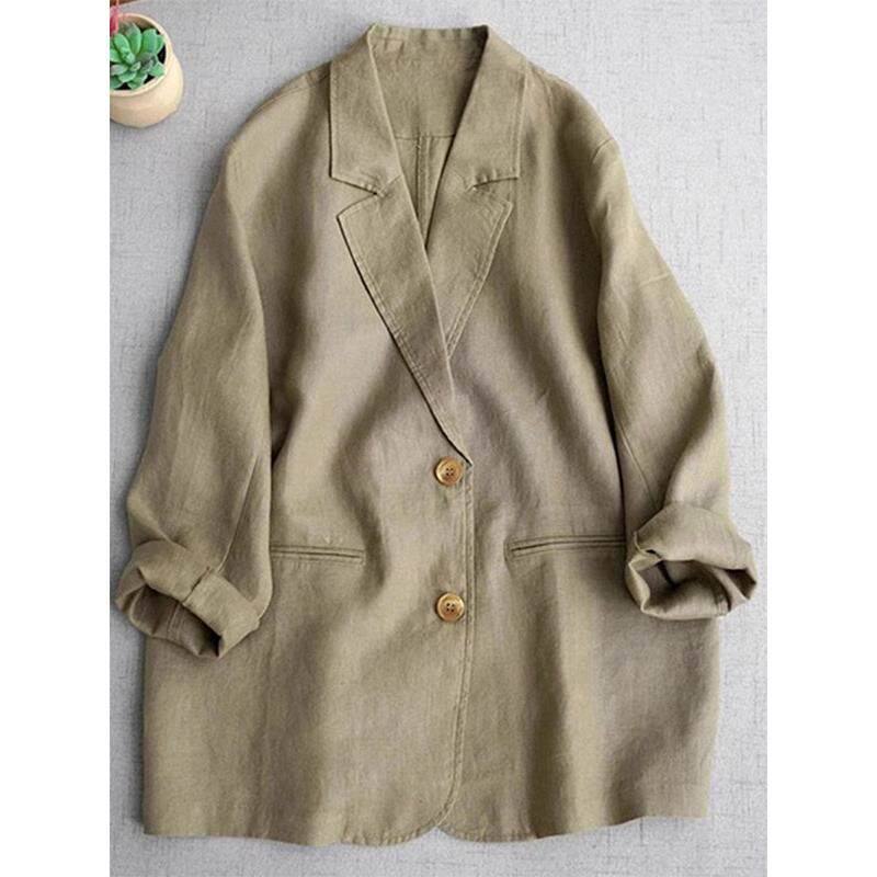 卡其色西装领亚麻长袖小西服外套女春秋欧货薄款宽松休闲上衣气质