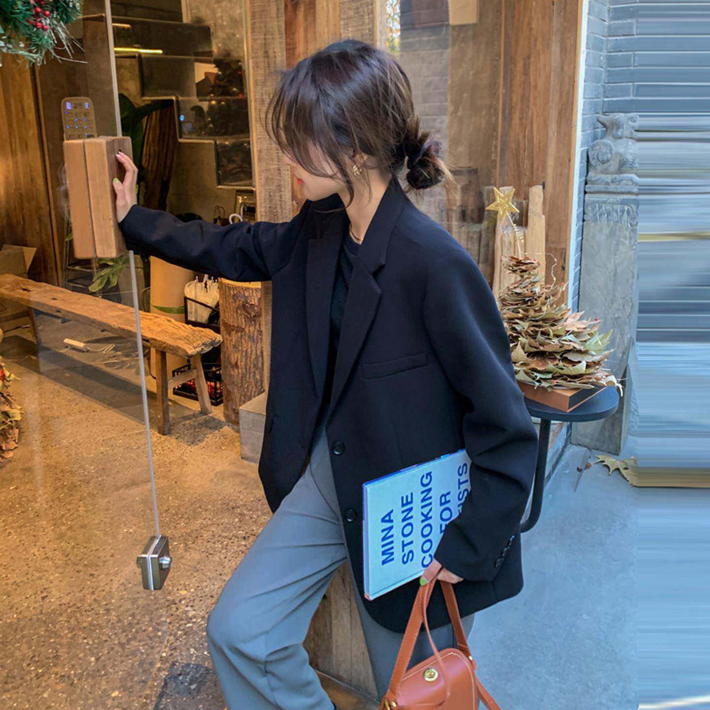 欧洲站女春秋高级设计黑色休闲西装外套小众宽松通勤气质西服上衣