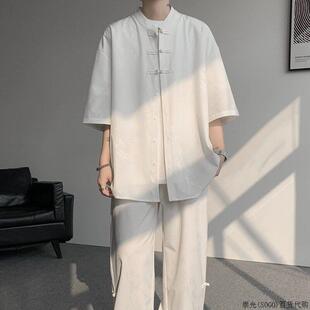 潮牌中国风男装新中式盘扣短袖衬衫套装夏季高级感立领唐装两件套