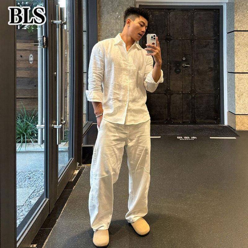 高端白色老钱风亚麻套装男夏季2026新款衬衫长裤防晒服男士一整套
