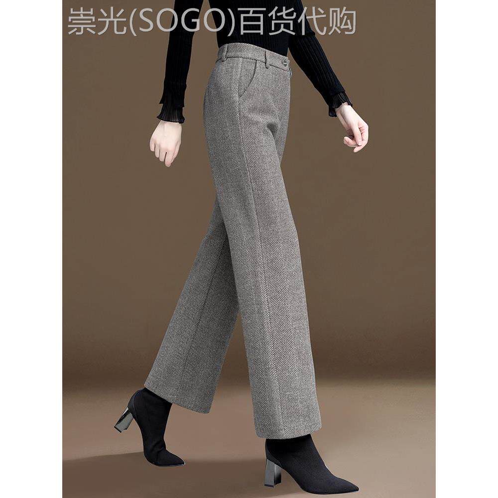 人字纹毛呢阔腿裤女秋冬季2025新款高腰显瘦加绒加厚妈妈直筒裤子