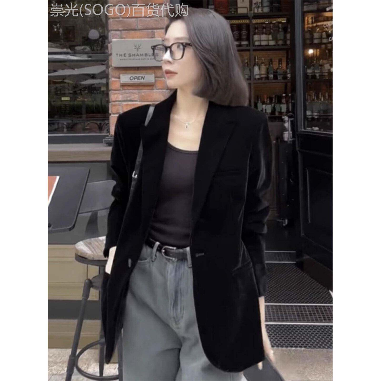 黑色西装外套女秋冬2025新款时尚气质高级感小个子金丝绒西服上衣