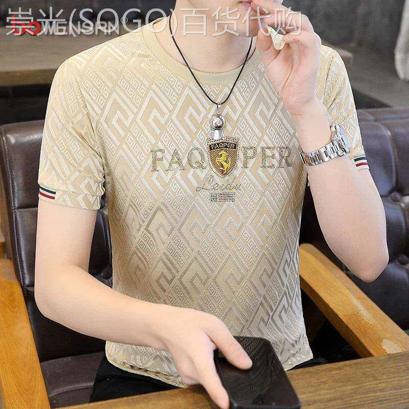 欧货冰丝提花短袖t恤男士2025新款夏季潮流烫钻百搭宽松上衣男款