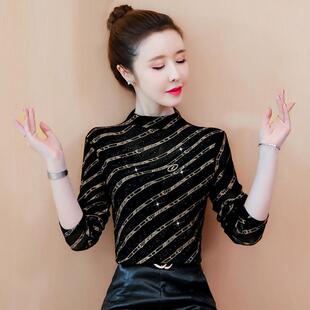 斜条纹T恤女长袖秋冬内搭半高领网纱修身显瘦美体洋气加绒打底衫