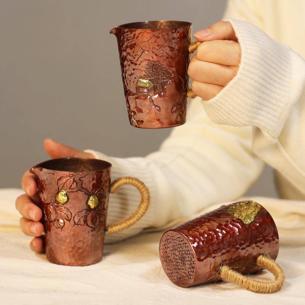 纯铜紫铜高温烤色镶嵌工艺公杯分酒器小奶杯纯手工公道杯黄铜镶嵌