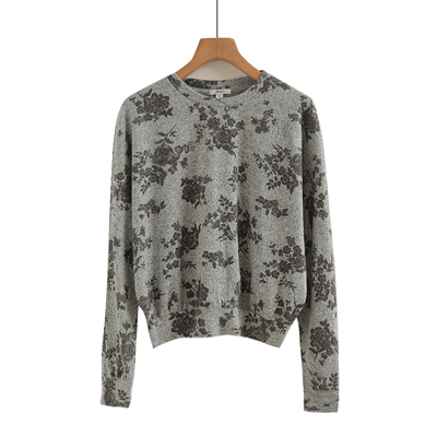 灰色蝙蝠袖图案提花宽松针织衫女2025秋冬季简约套头短款上衣