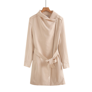 休闲开衫 高级感宽松中长款 上衣 风衣外套女冬季 卡其色气质荡领长袖