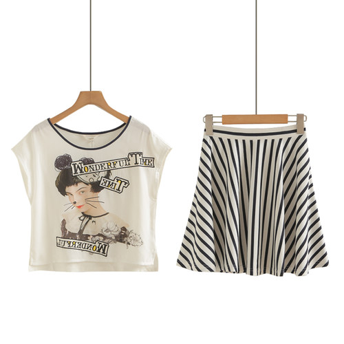 洋气减龄休闲短袖短裙两件套女夏季新款网红印花炸街短款套装潮