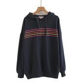 大码 女装 休闲百搭套头连帽卫衣2025秋冬胖mm宽松遮肉彩色条纹外套