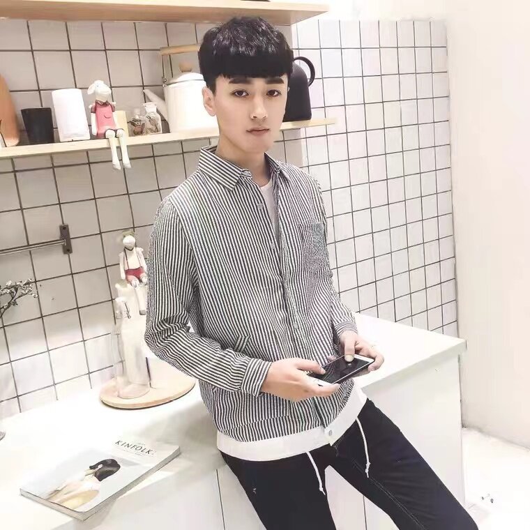 日系秋季男士长袖条纹衬衫情侣衫原宿修身潮牌韩版学生宽松外套