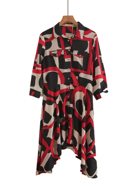 专柜639元【S】高端品牌时尚彩色印花衬衫式鱼尾外披连衣裙七分袖