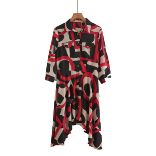 专柜639元【S】高端品牌时尚彩色印花衬衫式鱼尾外披连衣裙七分袖