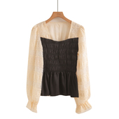 法式 女春秋独特绝美裙摆衬衣高级感蕾丝拼接上衣夏 方领撞色蕾丝衫