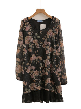 哺乳连衣裙春秋季外出喂奶衣服长袖印花假两件遮肚产后喂奶裙