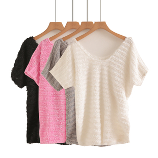 宽松大码纯色条纹绒面T恤蝙蝠衫短袖上衣横条胖mm女夏季蝙蝠袖